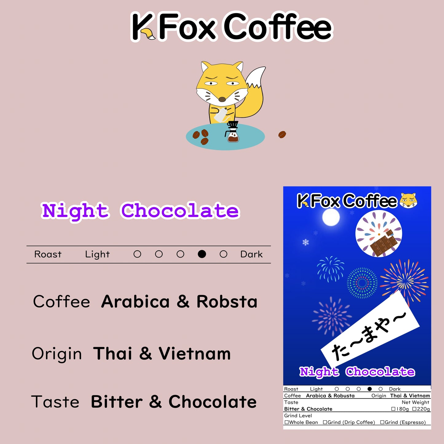 KFOX Coffee BLEND เมล็ดกาแฟคั่วเข้ม Night Chocolate อาราบิก้า ผสม โรบัสต้า ขนาดบรรจุ 220 กรัม