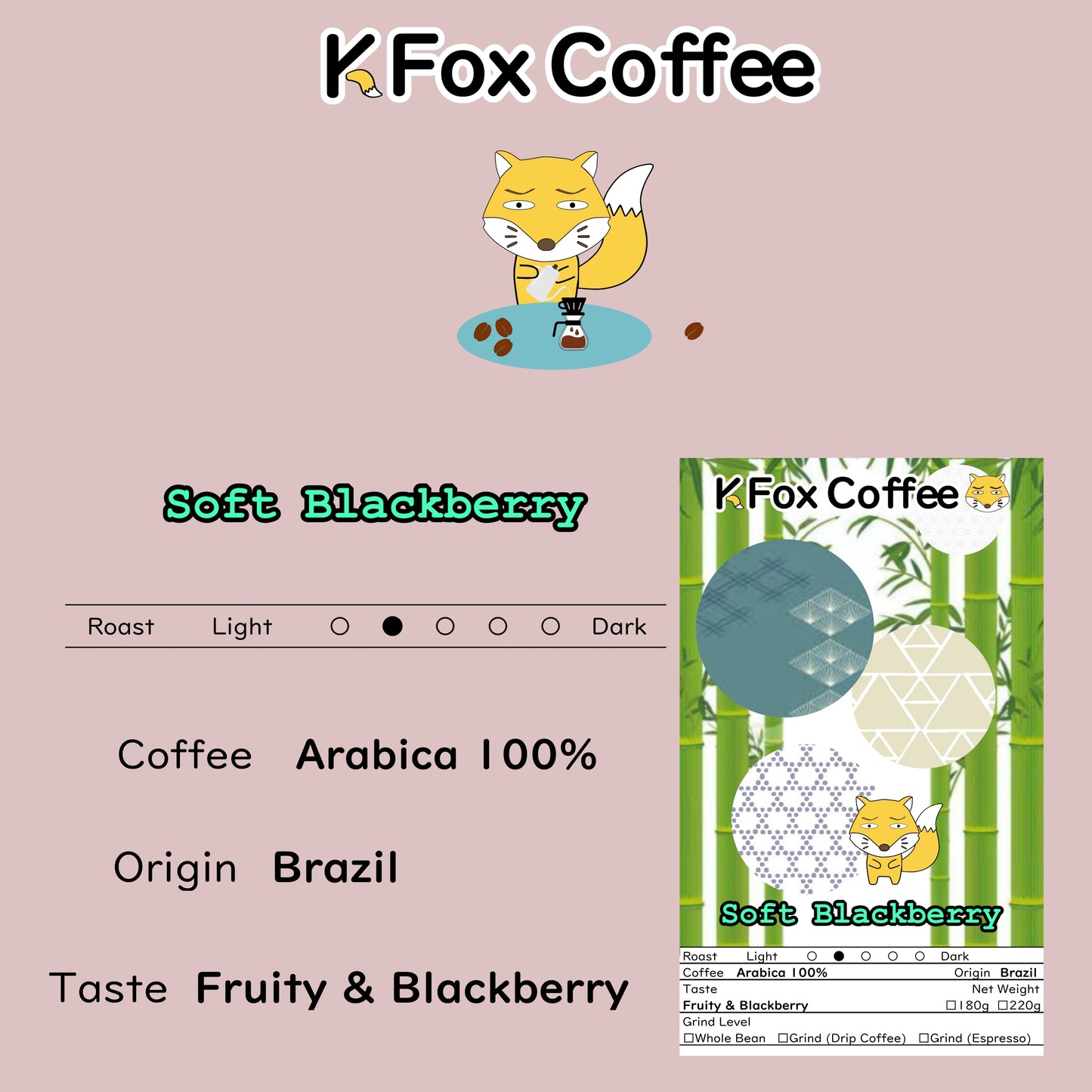 KFOX Coffee Blazil เมล็ดกาแฟอ่อน กาแฟบราซิล Soft Blackberry Brazil อาราบิก้า 100% ขนาดบรรจุ 220 กรัม